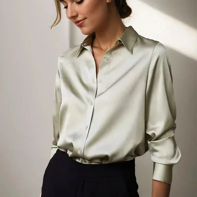 Satinbluse für Damen mit Knopfverschluss und langen Ärmeln