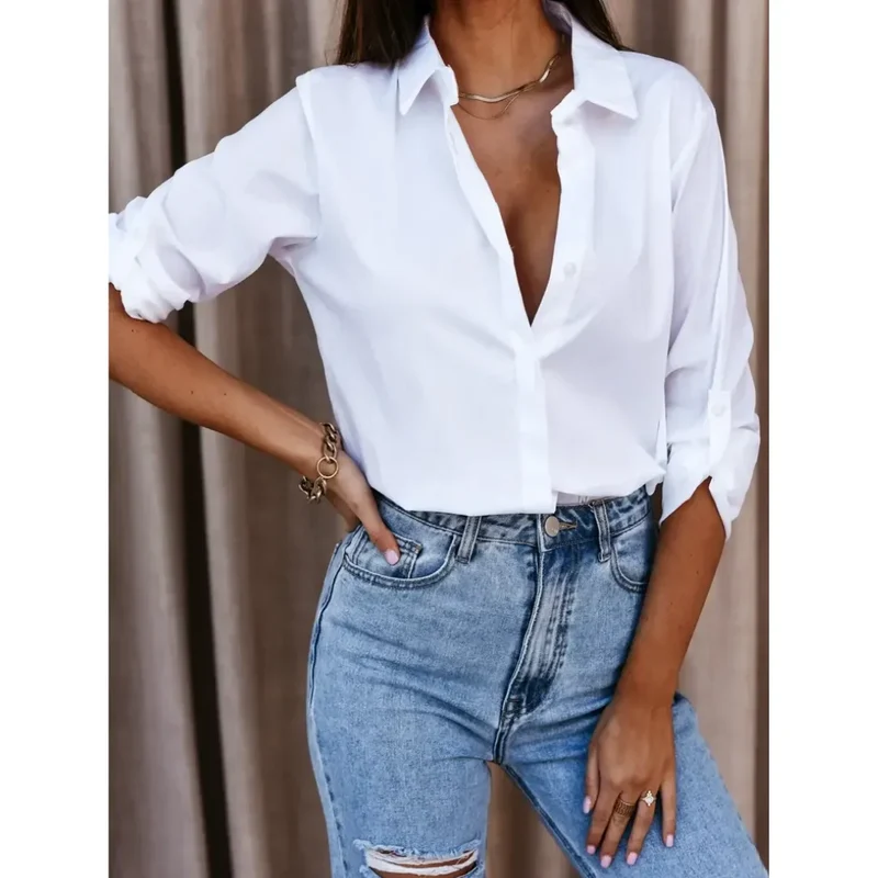 Damen Locker Geschnittene Bluse mit Langarm und Kragen