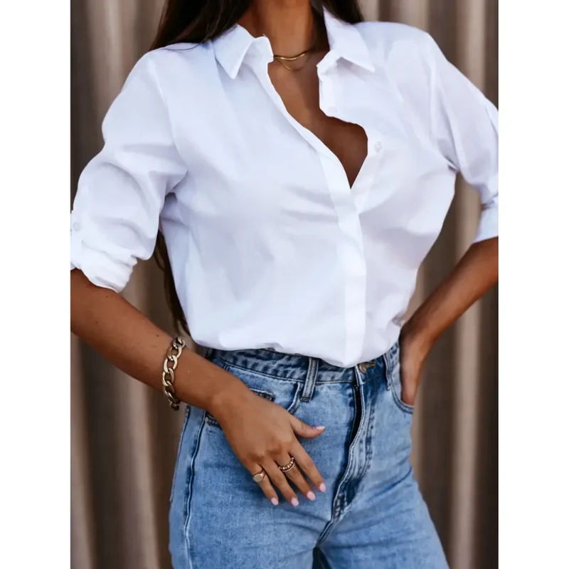 Damen Locker Geschnittene Bluse mit Langarm und Kragen