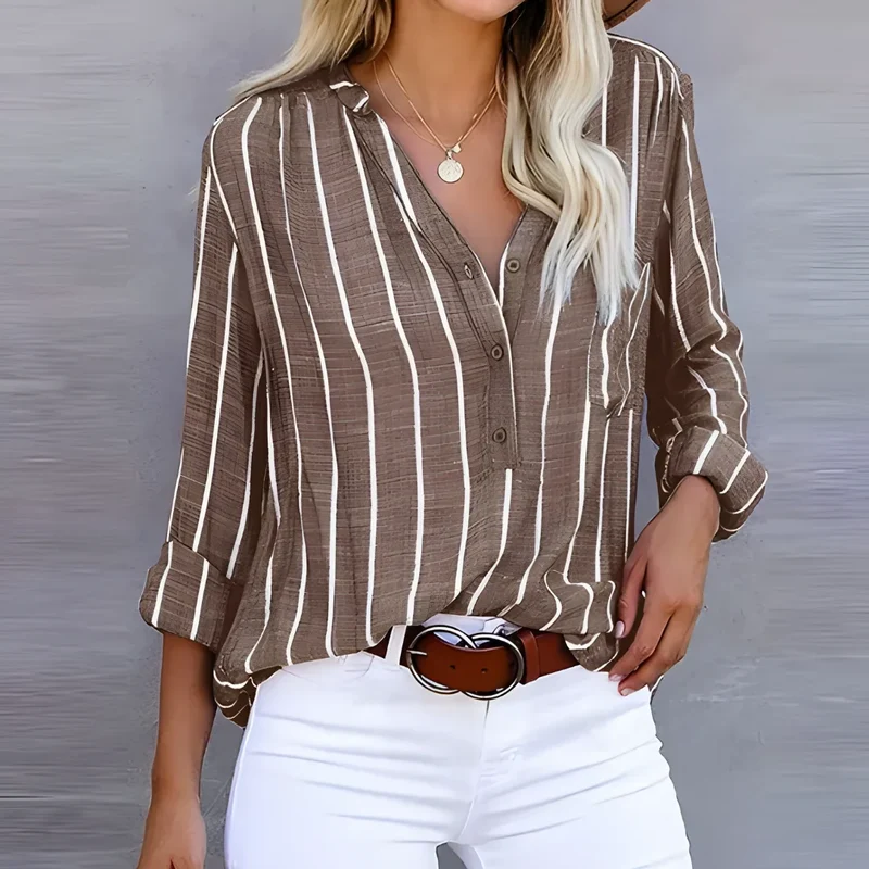Damen Bluse mit Knopfleiste und langen Ärmeln gestreift