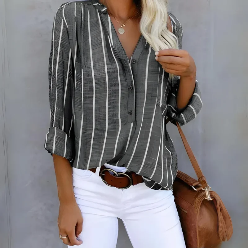 Damen Bluse mit Knopfleiste und langen Ärmeln gestreift