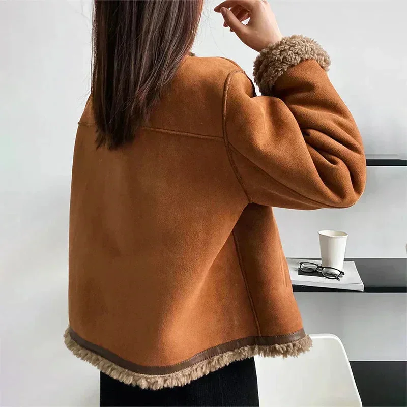 Braune Damenjacke in Wildlederoptik mit Teddyfutter
