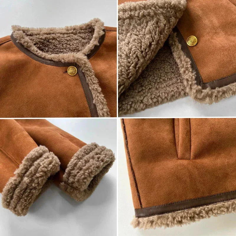 Braune Damenjacke in Wildlederoptik mit Teddyfutter