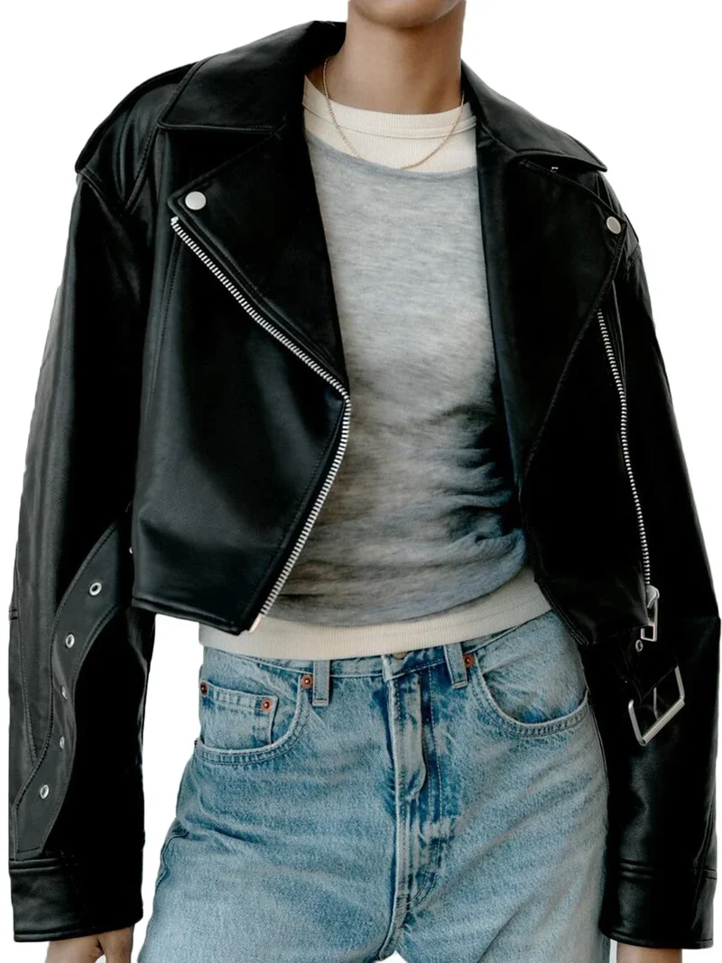 Bikerjacke Damen Kurz | Asymmetrischer Reißverschluss und Brusttaschen