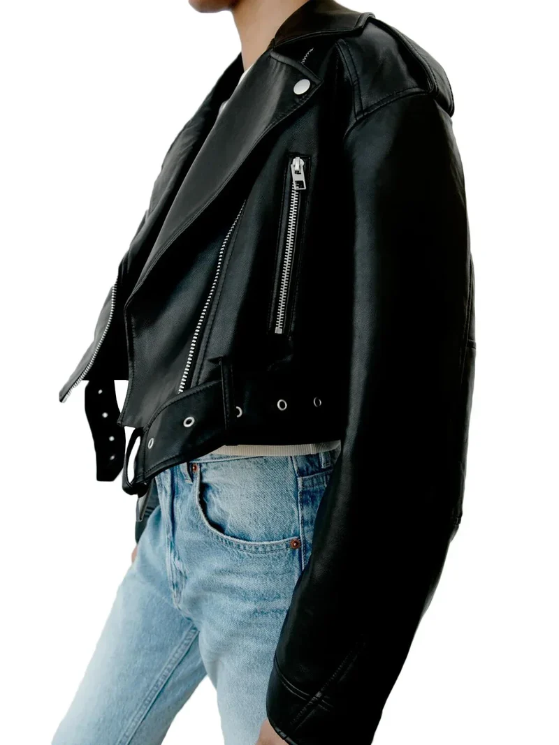 Bikerjacke Damen Kurz | Asymmetrischer Reißverschluss und Brusttaschen