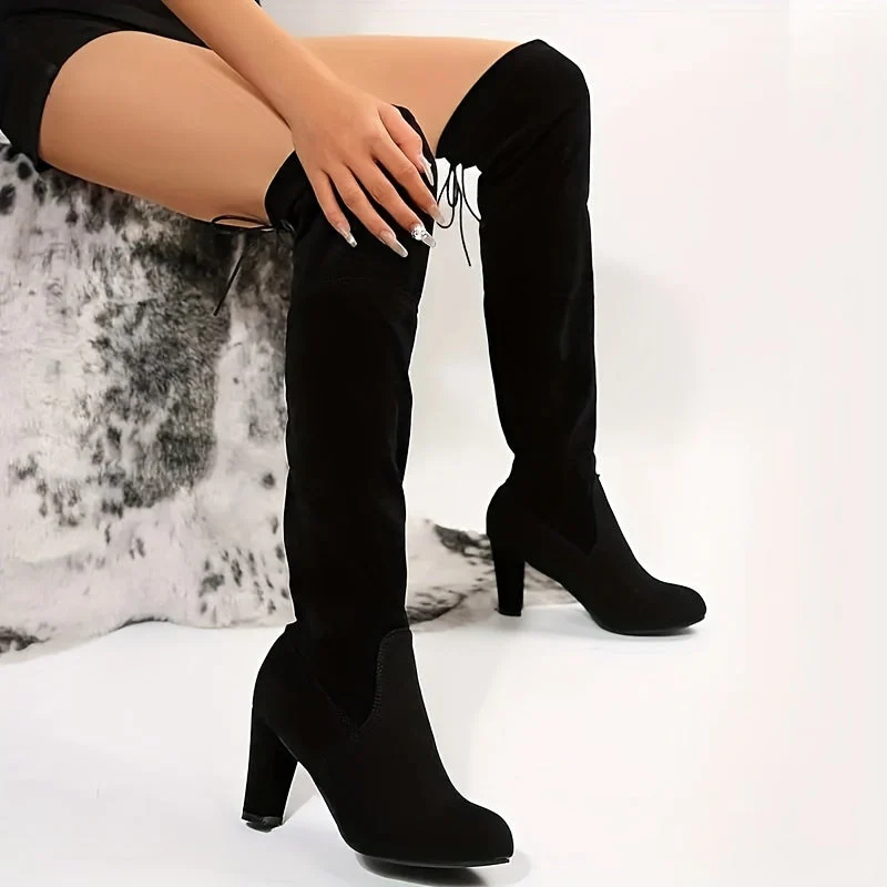 Overknee Stiefel Damen | Blockabsatz mit Rückenschnürung