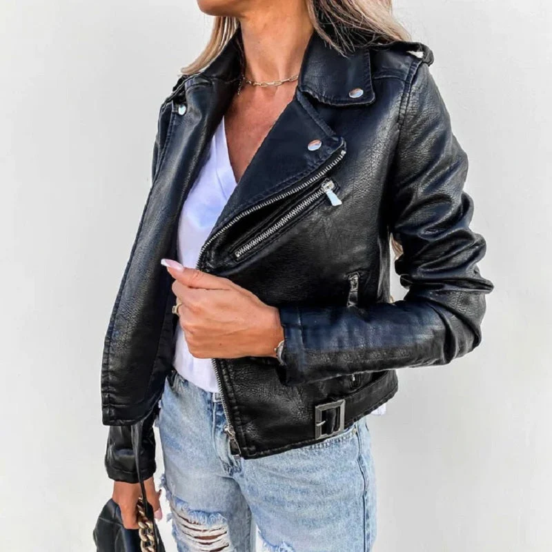 Bikerjacke Damen Mit Reverskragen | Kurzer Schnitt mit Reißverschluss und Taschen