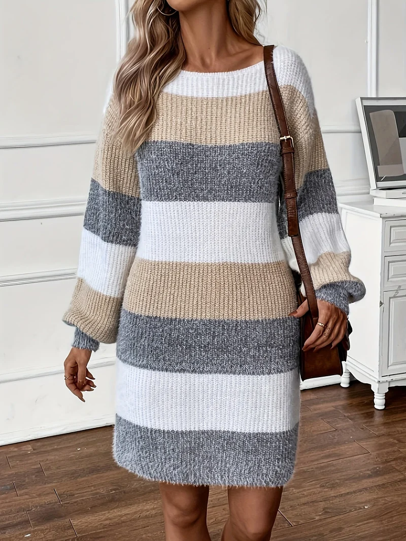 Damen Strickkleid mit Streifen | Lockerer Schnitt und Langar