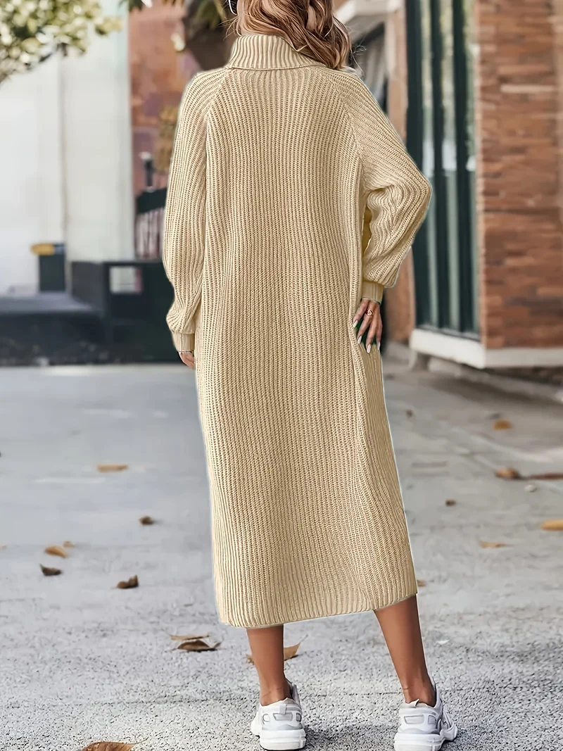Damen Strickkleid Rollkragen | Langarm und Midi-Länge