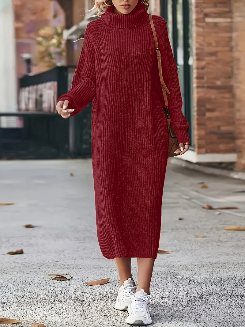 Damen Strickkleid Rollkragen | Langarm und Midi-Länge