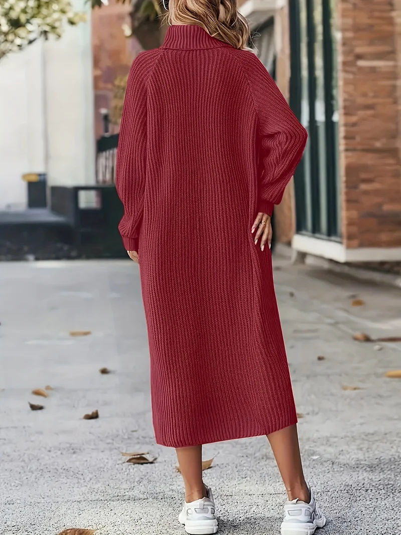 Damen Strickkleid Rollkragen | Langarm und Midi-Länge