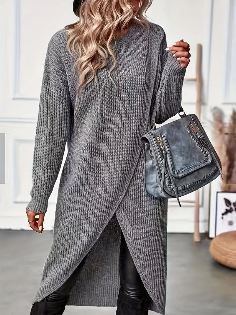 Strickkleid Damen Asymmetrisch | Langarm für Herbst und Winter