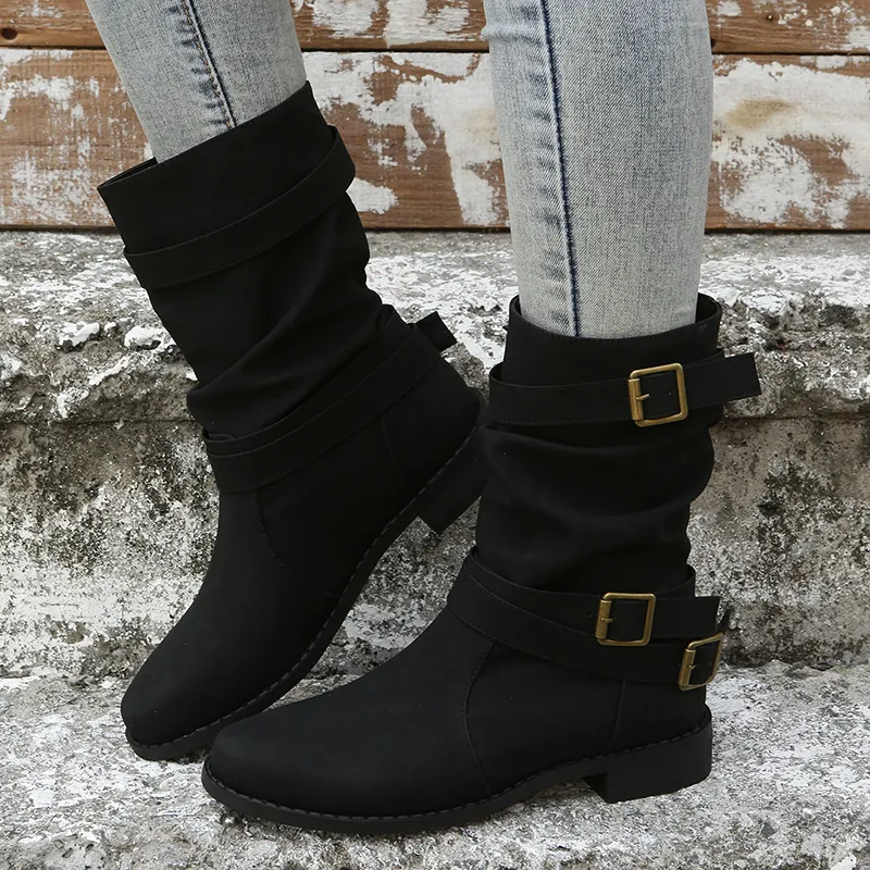 Damen Dirndl Schuhe | Mittelhohe Stiefel Mit Schnallenriemen