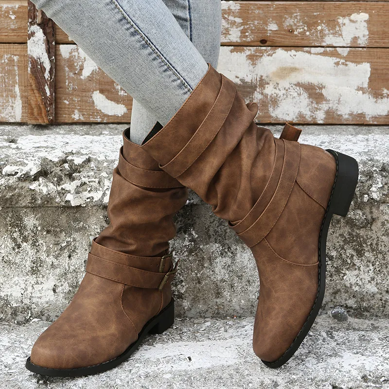 Damen Dirndl Schuhe | Mittelhohe Stiefel Mit Schnallenriemen