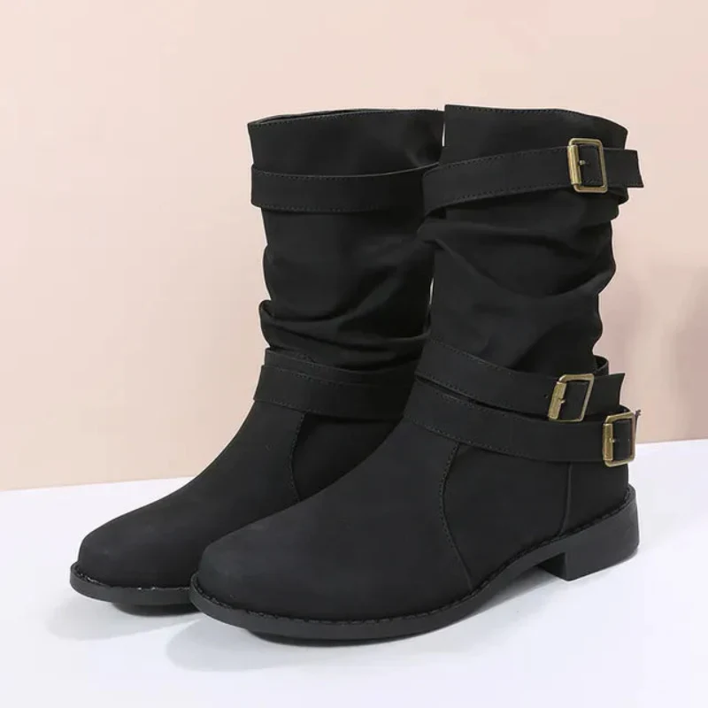 Damen Dirndl Schuhe | Mittelhohe Stiefel Mit Schnallenriemen