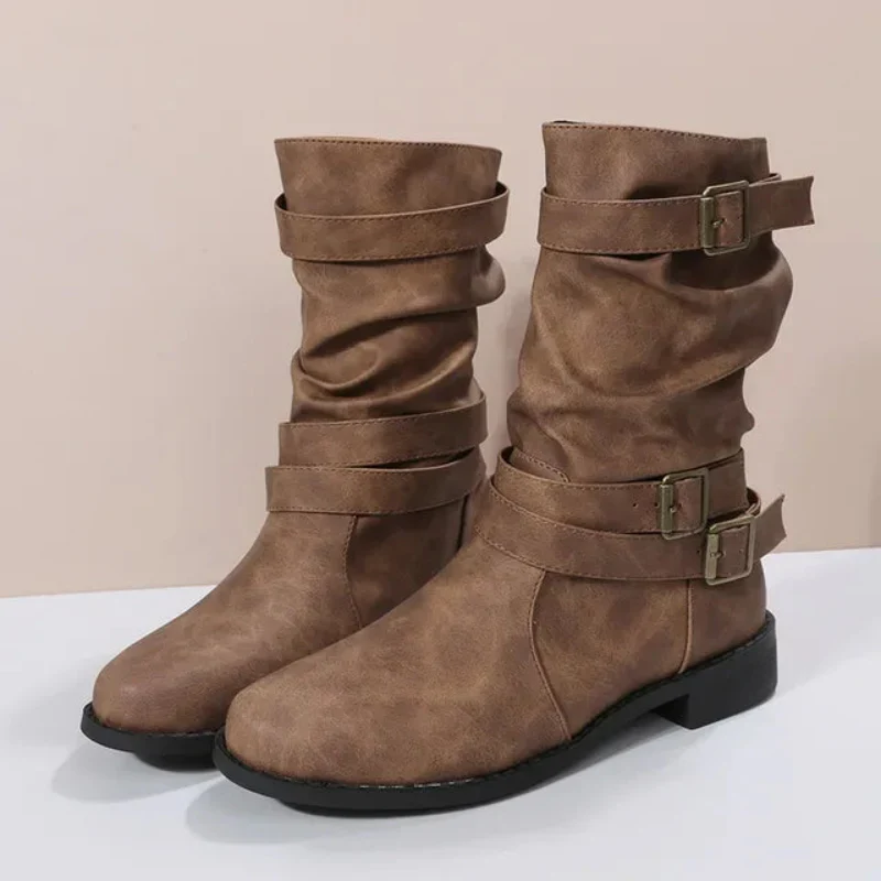 Damen Dirndl Schuhe | Mittelhohe Stiefel Mit Schnallenriemen