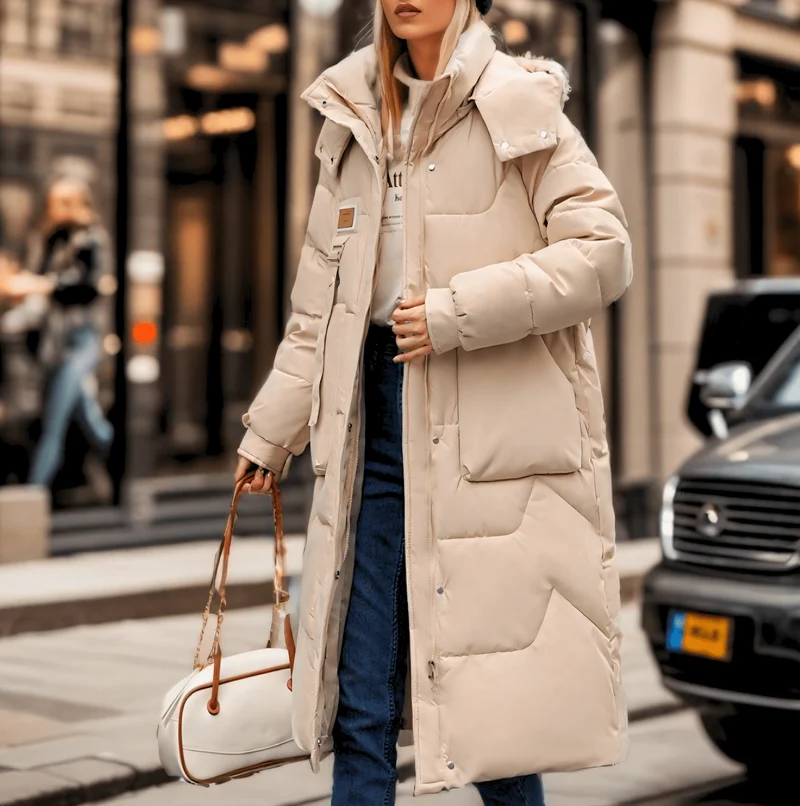 Lange Daunenjacke Für Damen | Gefütterte Pufferjacke Mit Kapuze