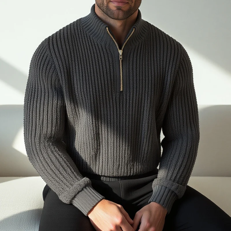 Pullover Mit Geripptem Perkins-Kragen Und Reissverschluss