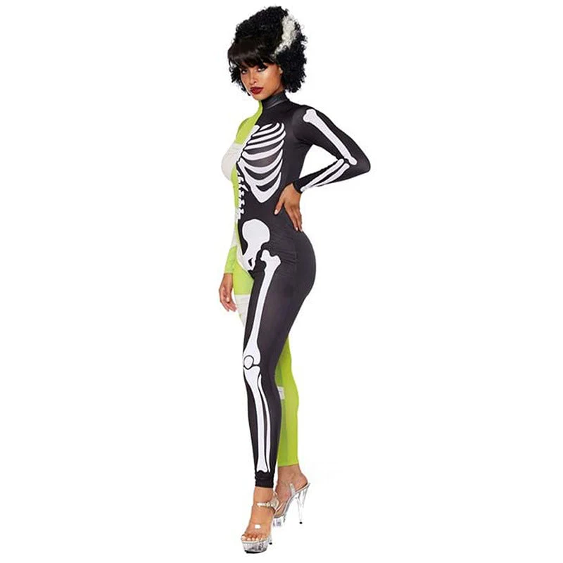 Damen Halloween-Jumpsuit mit Skelett- und Mumienmotiv | Einteiler mit Langarm