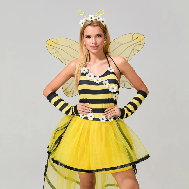 Damen Bienen-Halloween-Kostümkleid | Gestreiftes Oberteil & Lagenrock