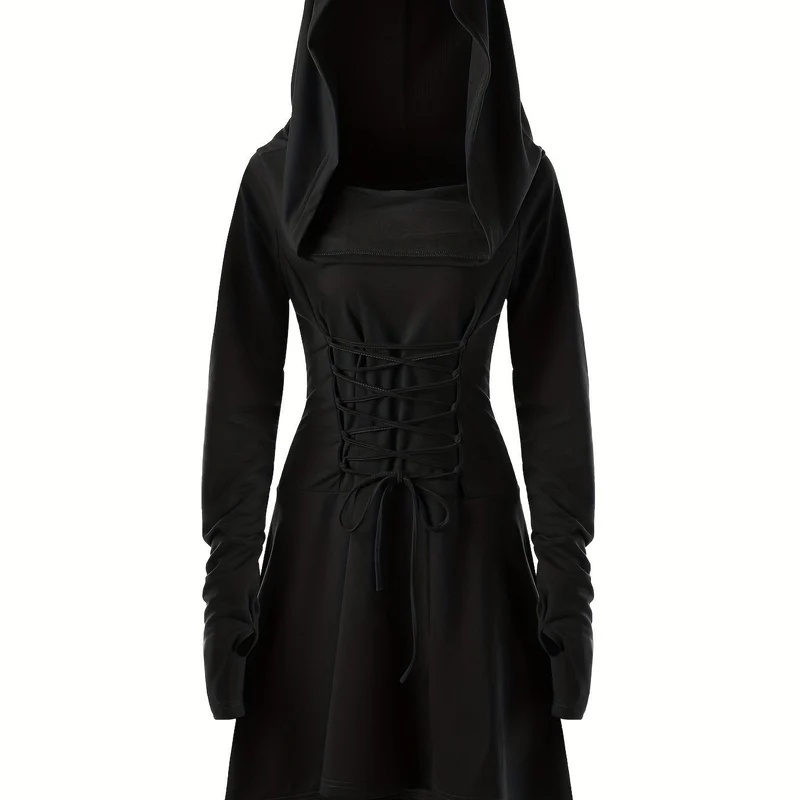 Damen Halloween-Kleid mit Kapuze | Schnürung & Asymmetrischer Saum