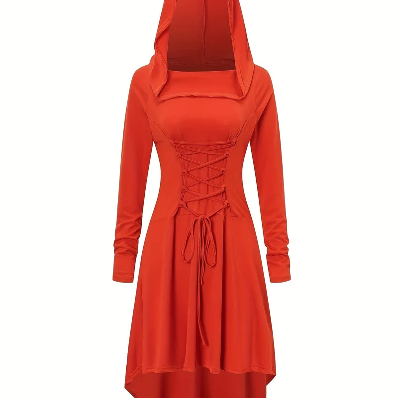 Damen Halloween-Kleid mit Kapuze | Schnürung & Asymmetrischer Saum