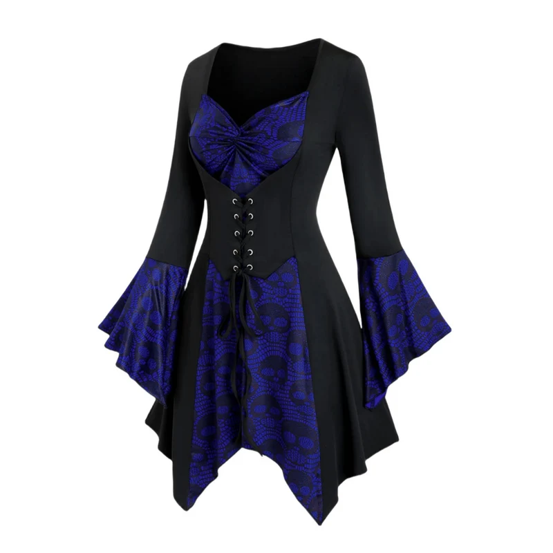 Damen Gothic Halloween-Kleid mit Spitze | Midi-Länge und Trompetenärmeln