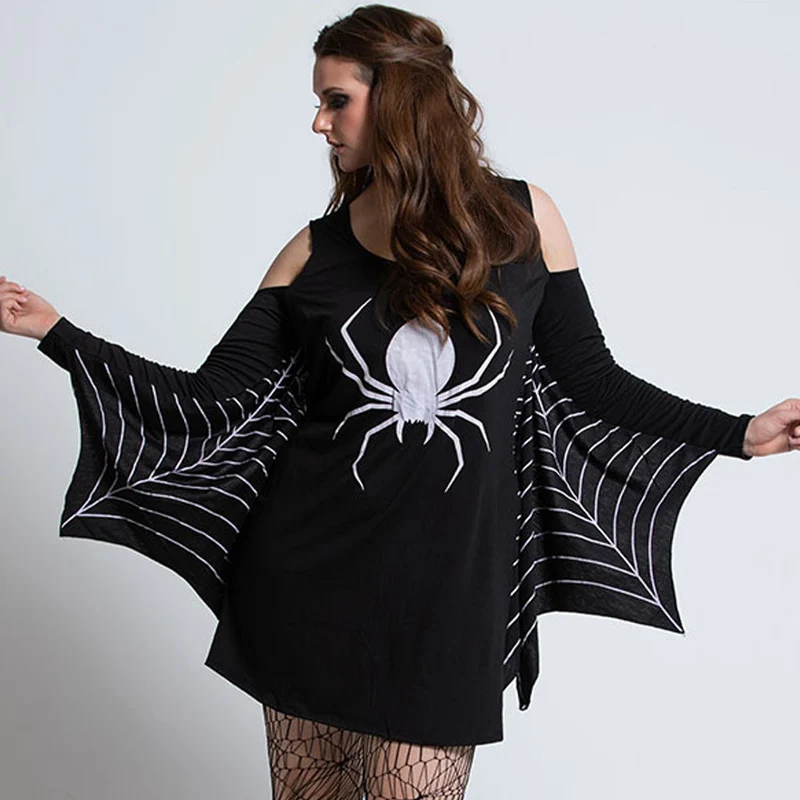 Damen Halloween-Kleid mit Spinnenmotiv | Schulterfrei & Mini-Länge
