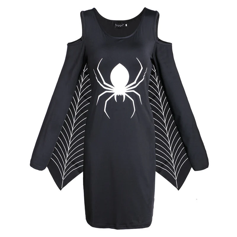 Damen Halloween-Kleid mit Spinnenmotiv | Schulterfrei & Mini-Länge