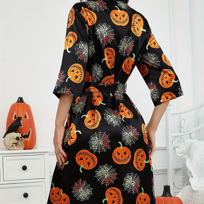 Damen Halloween-Bademantel mit Kürbisprint | Taillengürtel & 3/4-Ärmel