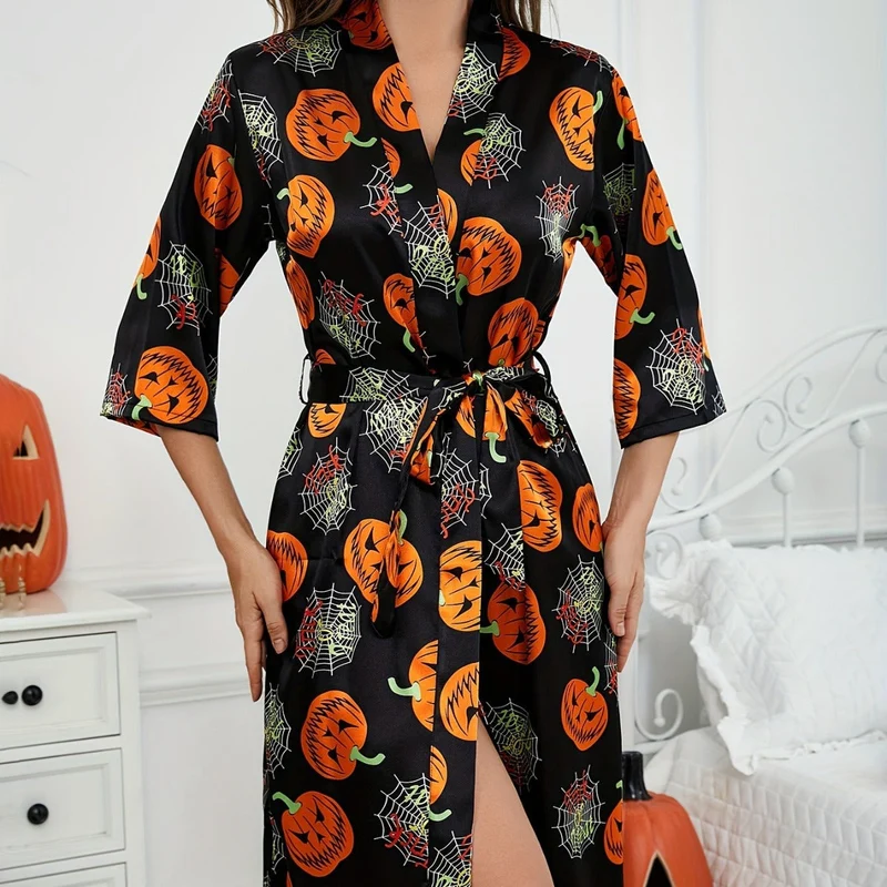 Damen Halloween-Bademantel mit Kürbisprint | Taillengürtel & 3/4-Ärmel
