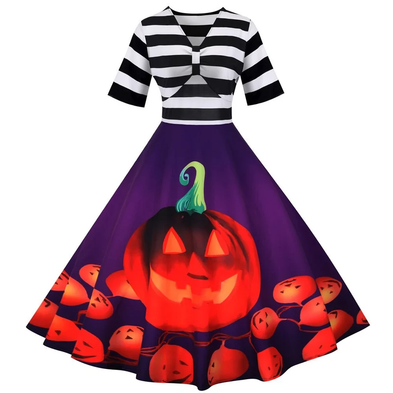 Damen Halloween-Kleid mit Kürbis-Print | Gestreiftes Oberteil & Midi-Länge