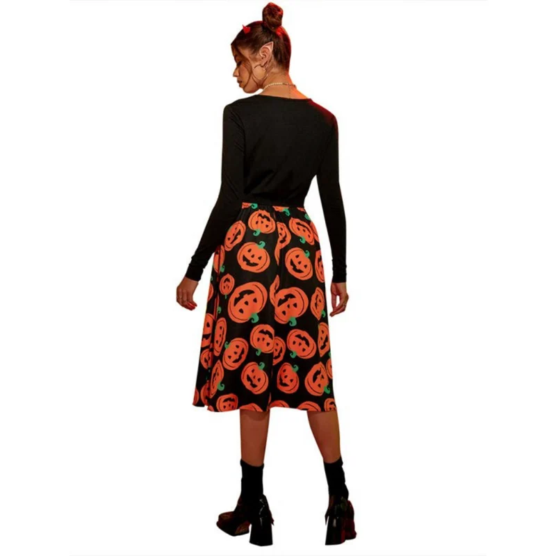 Damen Halloween-Kleid mit Kürbis-Print | Langarm & Midi-Länge