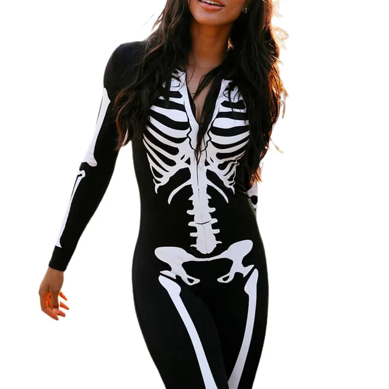Damen Skelett Halloween-Kostüm Jumpsuit | Einteiler mit Langarm