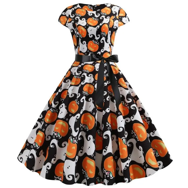 Damen Halloween-Kleid mit Print Kurzarm & Ausgestellter Knie-Länge | Midi
