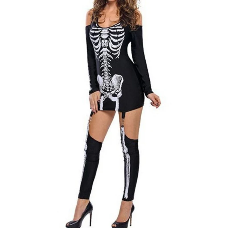 Damen Halloween-Kostüm Set | Schulterfrei & Mit Knochenprint