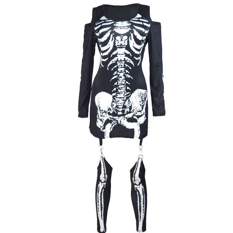 Damen Halloween-Kostüm Set | Schulterfrei & Mit Knochenprint