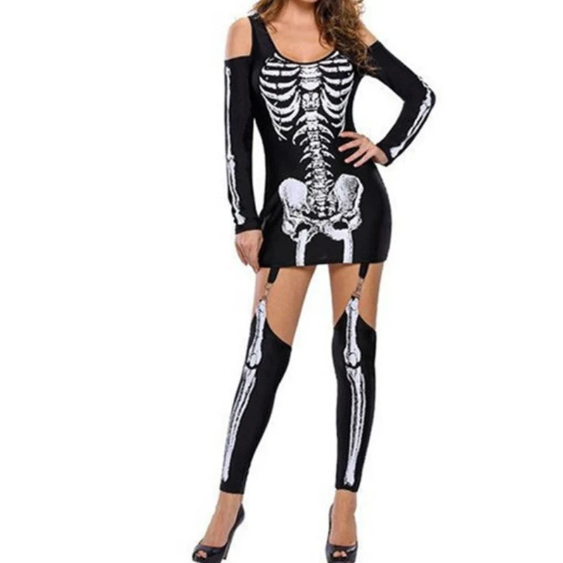 Damen Halloween-Kostüm Set | Schulterfrei & Mit Knochenprint