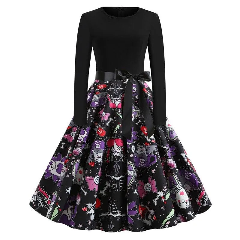 Damen Halloween-Kleid mit Print | Langarm & Ausgestellter Schnitt
