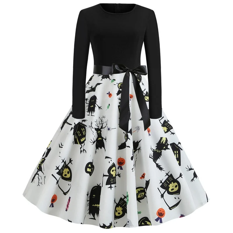 Damen Halloween-Kleid mit Print | Langarm & Ausgestellter Schnitt