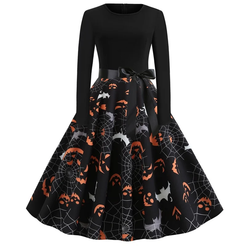 Damen Halloween-Kleid mit Print | Langarm & Ausgestellter Schnitt
