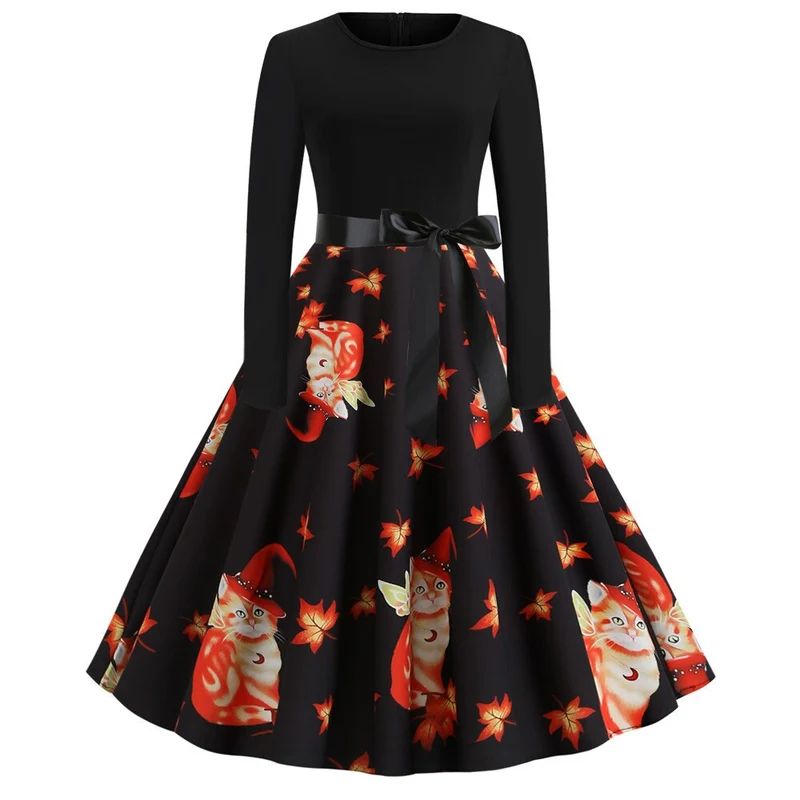 Damen Halloween-Kleid mit Print | Langarm & Ausgestellter Schnitt