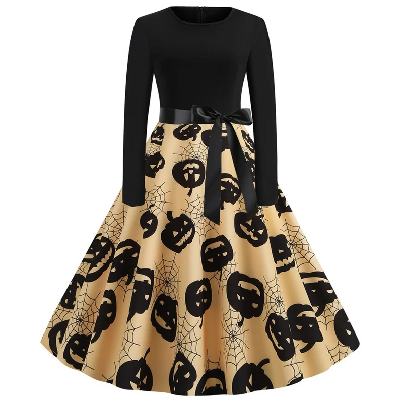 Damen Halloween-Kleid mit Print | Langarm & Ausgestellter Schnitt