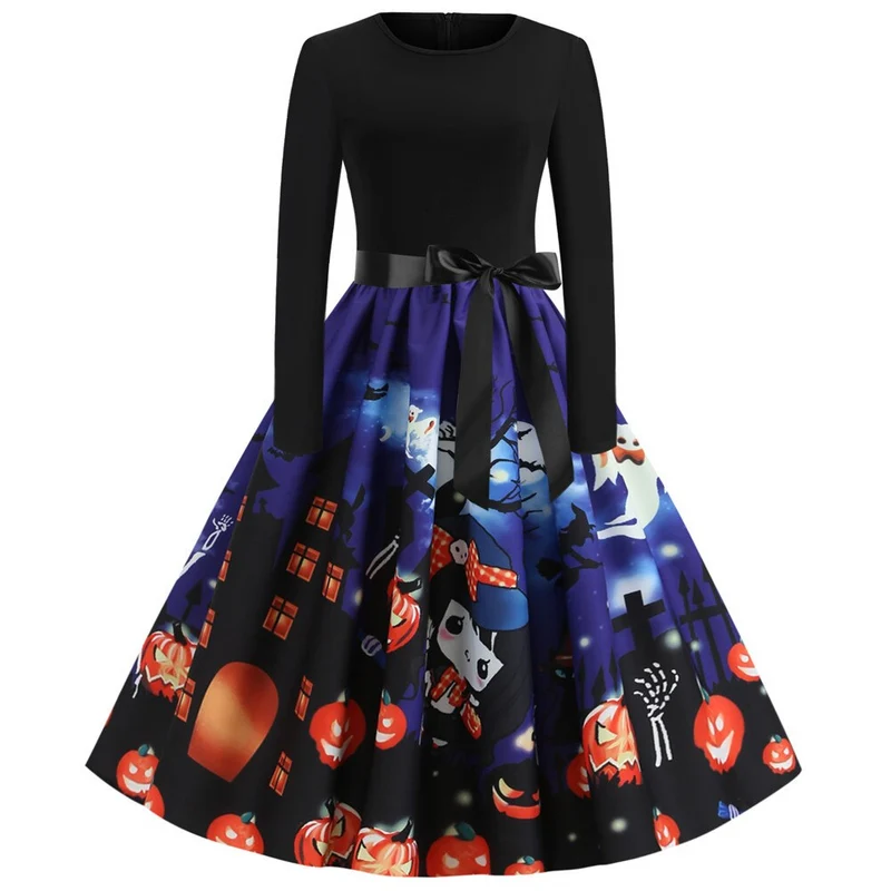 Damen Halloween-Kleid mit Print | Langarm & Ausgestellter Schnitt