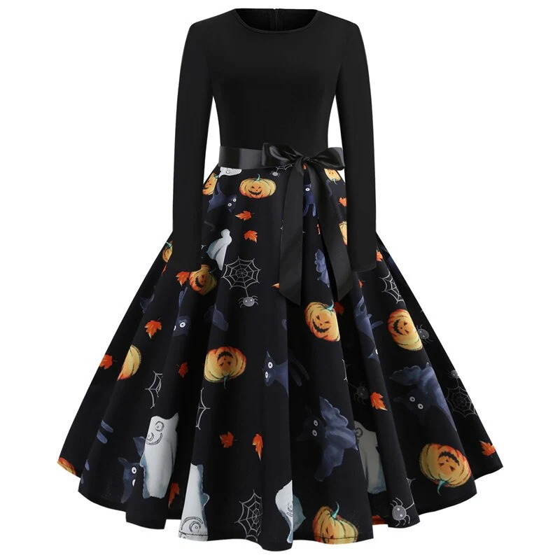 Damen Halloween-Kleid mit Print | Langarm & Ausgestellter Schnitt