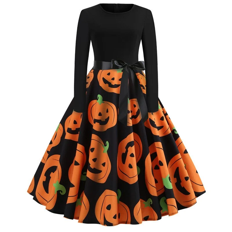 Damen Halloween-Kleid mit Print | Langarm & Ausgestellter Schnitt