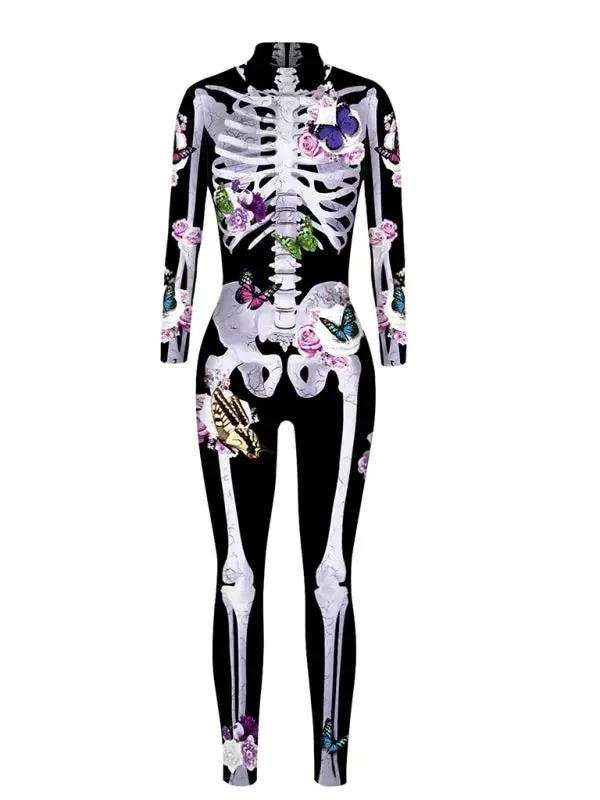 Damen Halloween-Jumpsuit mit Skelett-Print | Langarm & Einteiler