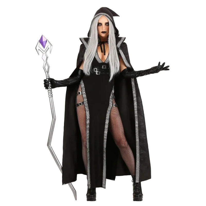 Damen Halloween-Kostüm Zauberin mit Kapuze | Umhang & Taillierter Body