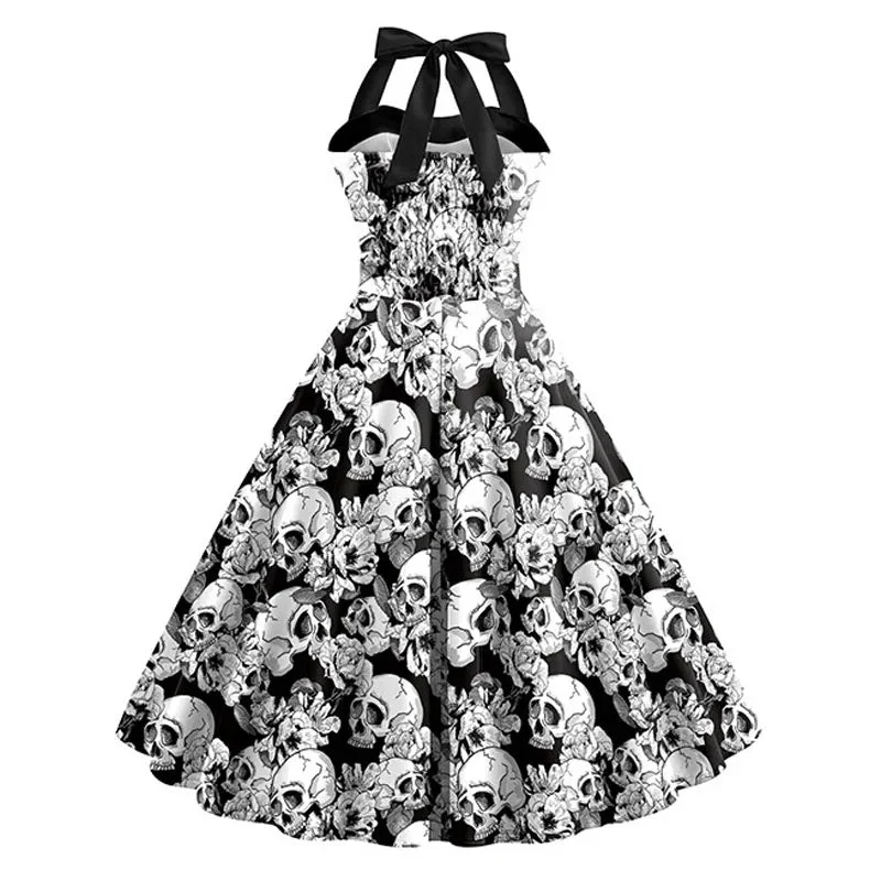 Damen Halloween Kleid | Rockabilly Kleid mit Totenkopf Print und Neckholder