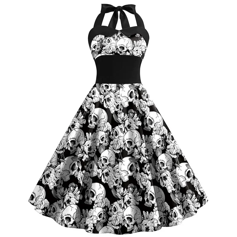 Damen Halloween Kleid | Rockabilly Kleid mit Totenkopf Print und Neckholder